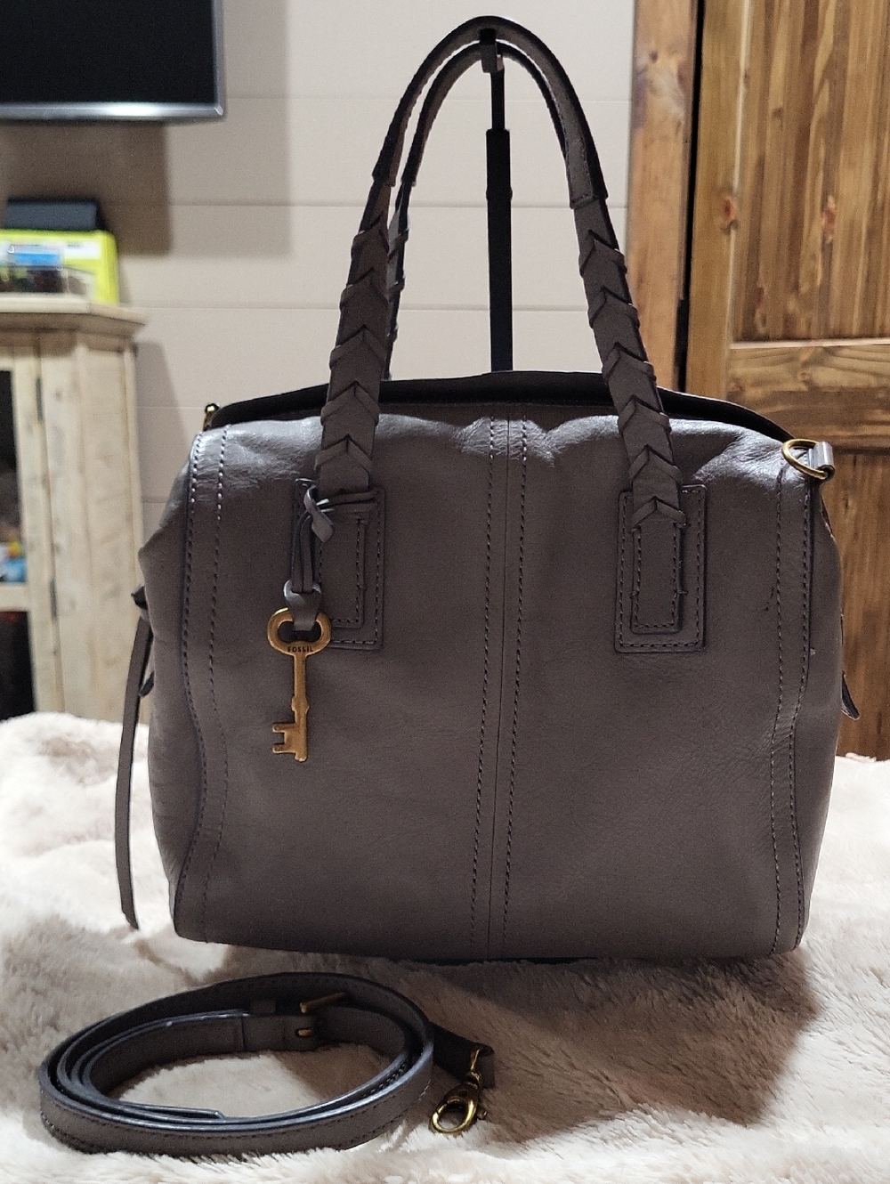 Fossil Gray Braided-Handle Satchel with Adjustable Strap And Key Charm